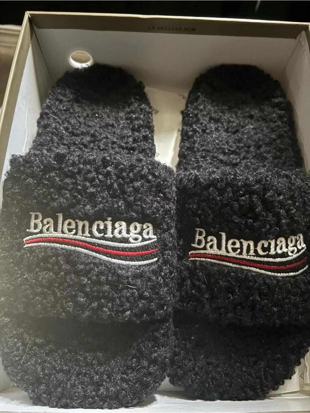 Balenciaga Black Shearling Logo Slide Sandals with Red & White Stripe